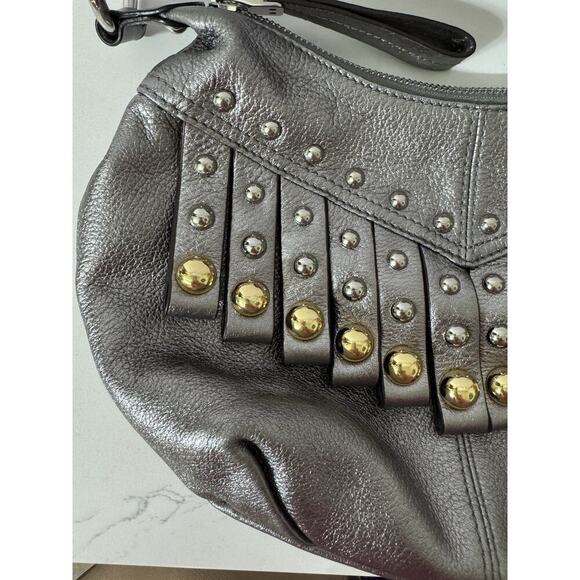 B. Makowsky Purse 100% Leather, Pewter Metallic, Metal Studs, Adjustable Strap - Picture 2 of 14